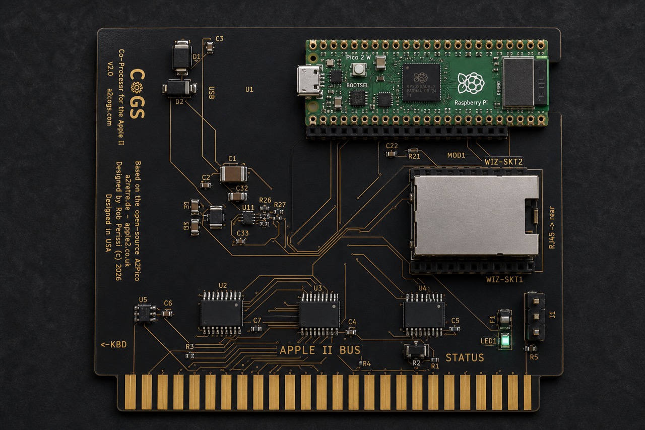 CoGS Rev 2.0 board render: matte black PCB with gold edge connector, a Raspberry Pi Pico 2 W seated across the top socket, a self-contained WIZnet WIZ850io Ethernet module with a silver RJ45 jack at the rear, three bus transceivers over the Apple II bus, and a status LED. Designed by Rob Perissi, built on the open-source A2Pico carrier by Glenn Jones, Oliver Schmidt, and Ralle Palaveev.