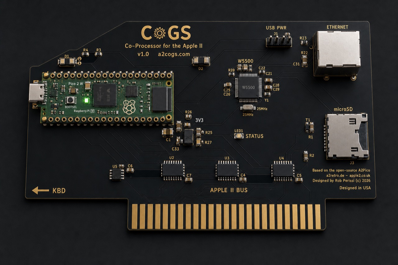CoGS Rev 1.0 board render: matte black PCB with gold edge connector, a Raspberry Pi Pico 2 W seated in the socket, a W5500 and silver RJ45 Ethernet jack, three bus transceivers over the Apple II bus, microSD, and a status LED. Designed by Rob Perissi, built on the open-source A2Pico carrier by Glenn Jones, Oliver Schmidt, and Ralle Palaveev.