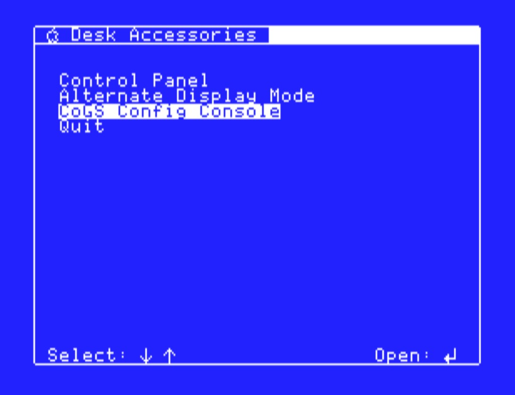Apple-menu Desk Accessories, with the CoGS Config Console ready to open