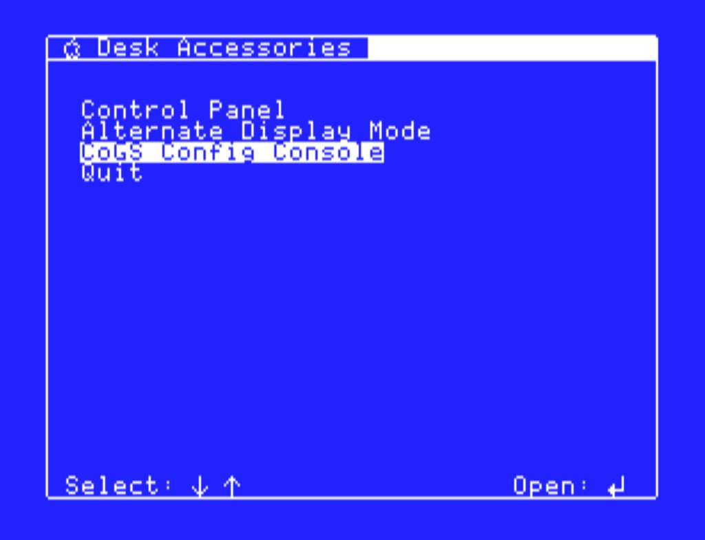 Apple-menu Desk Accessories, with the CoGS Config Console ready to open