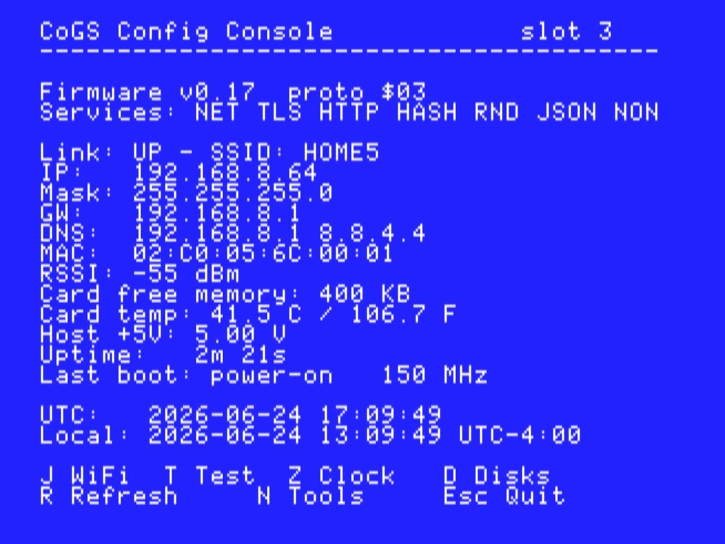 CoGS Config Console (CDA): link, IP, and card vitals at a glance