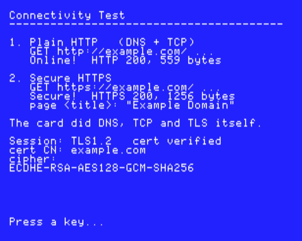 Connectivity test: plain HTTP and verified HTTPS — the card does DNS, TCP and TLS itself