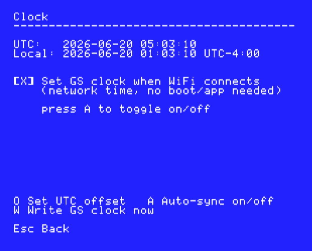 Clock: network time, auto-synced when Wi-Fi connects