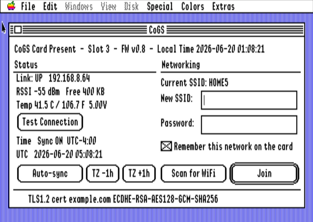 CoGS Control Panel (CDev): status, networking, clock, and Wi-Fi join