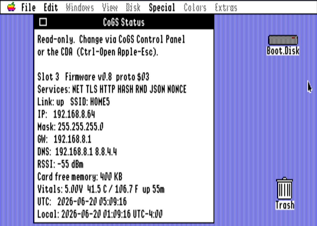 CoGS Status (NDA): live link, IP, card vitals, and clock floating over the desktop