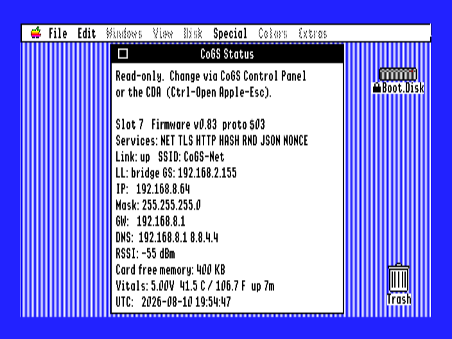 CoGS Status (NDA): live link, bridge and GS IP, card vitals, and clock floating over the desktop