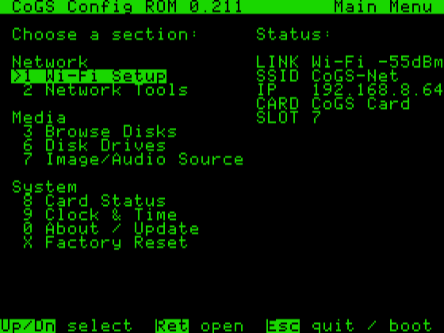 The config ROM main menu on an Apple //e: Network, Media, and System sections with live link, SSID, IP, card, and slot status, green phosphor and all