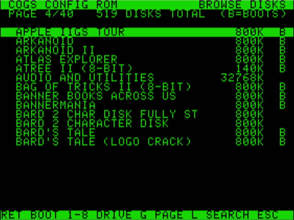 Browsing the 519-disk index from the config ROM on an Apple //e, green phosphor and all
