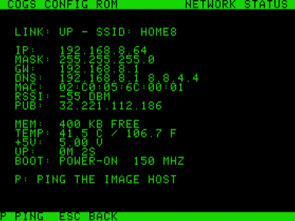 Network status from ROM on the //e: link, IP, signal, public IP, and card vitals