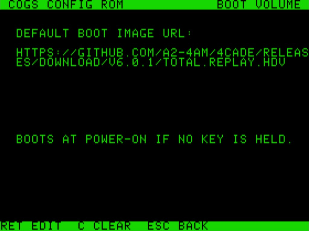 Default boot volume on the //e set to the Total Replay GitHub release URL; boots at power-on if no key is held