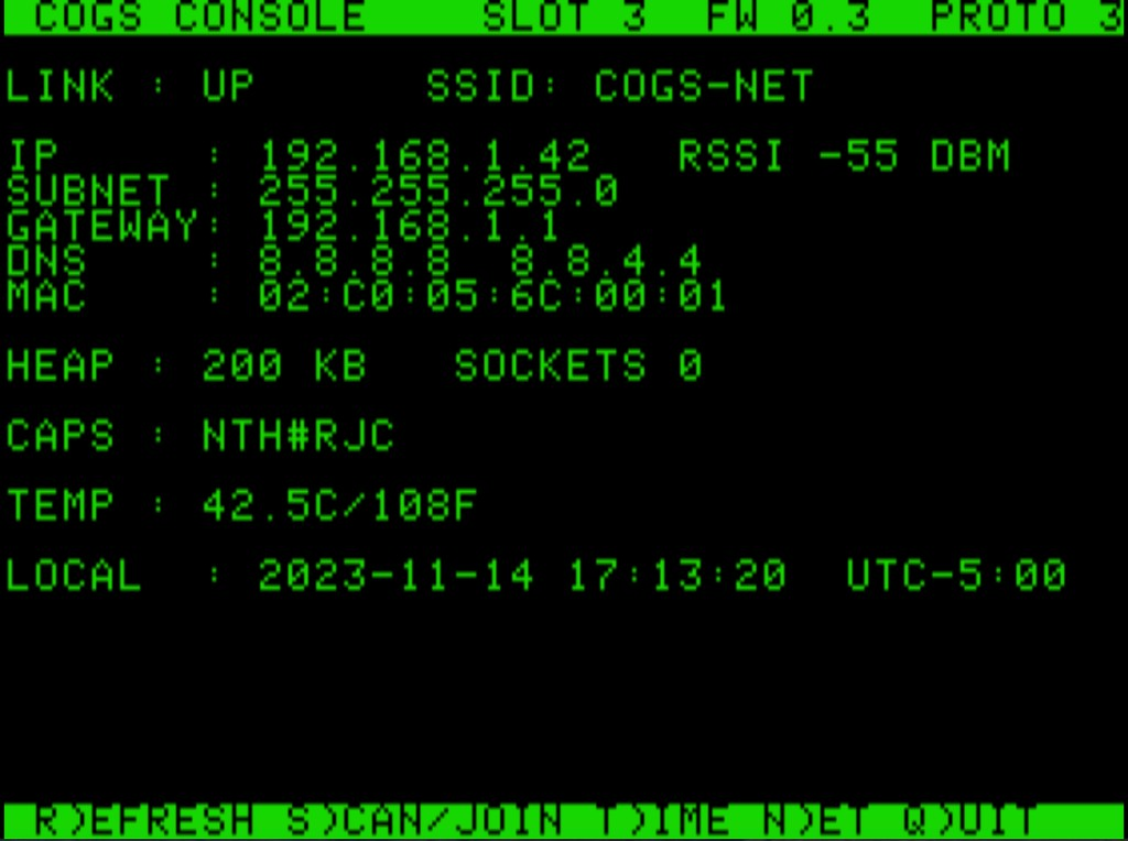 CoGS Console on an 8-bit Apple II: link up, IP, subnet, gateway, DNS, MAC, card vitals, and clock in 40-column text