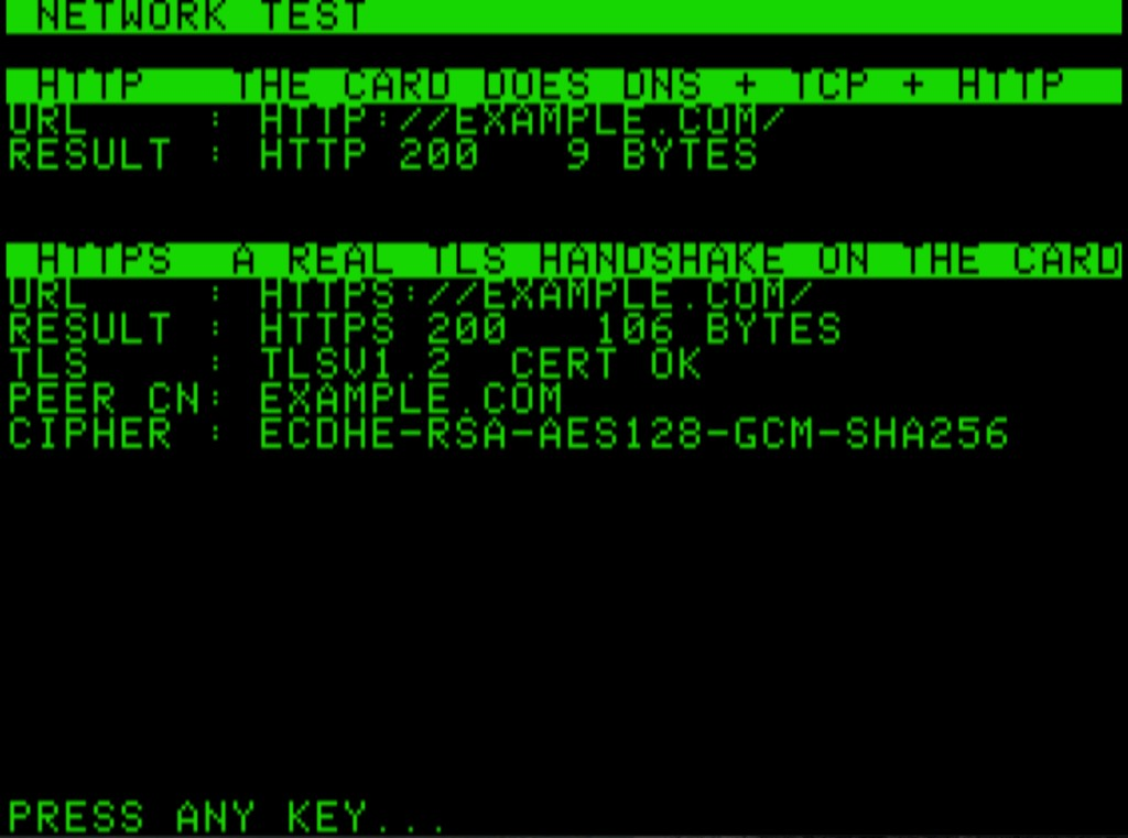 Network test on an 8-bit Apple II: plain HTTP and a real TLS 1.2 HTTPS handshake done on the card