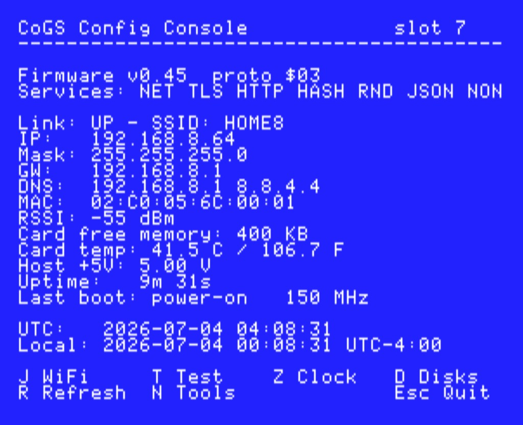 CoGS Config Console (CDA): firmware v0.45, services, link, card vitals, and clock, with disk and network tools on the menu