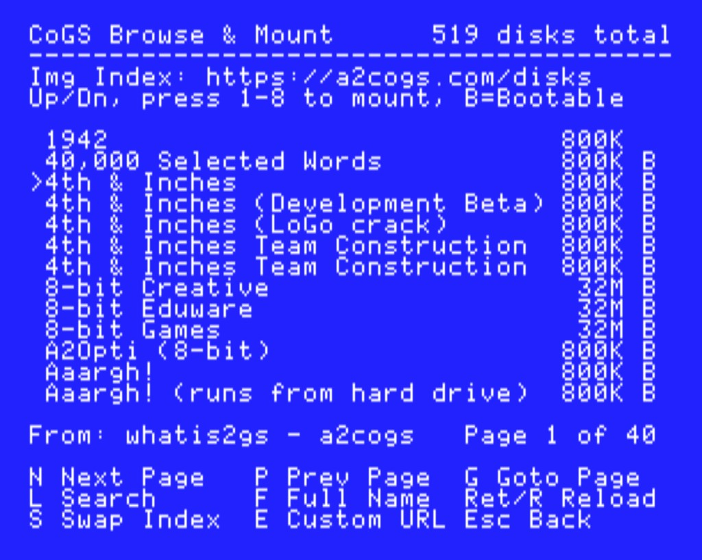CoGS Browse & Mount in the CDA: the 519-disk index from a2cogs.com, sourced from the whatis2gs collection, credited on screen