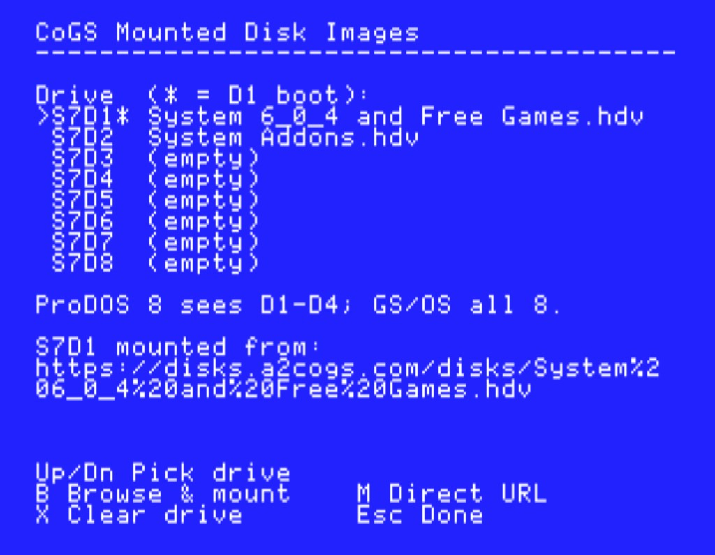 Eight SmartPort units in the mount table: GS/OS system volume and add-ons mounted from disks.a2cogs.com; ProDOS 8 sees drives 1-4, GS/OS all 8