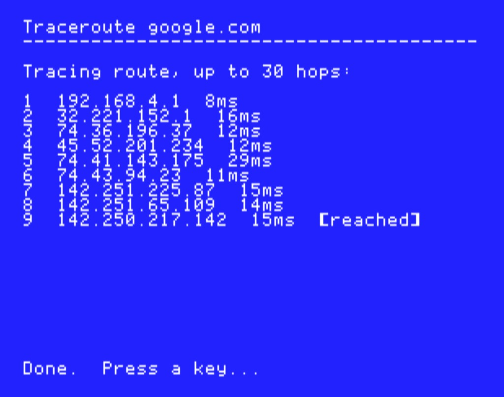 CoGS net tools: a traceroute to google.com run entirely on the card, nine hops, destination reached