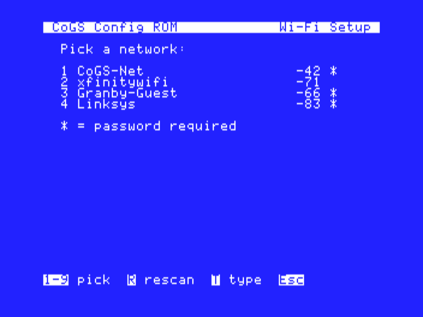 Wi-Fi scan in the unified ROM/CDA console: nearby networks with signal bars, pick one and type the password