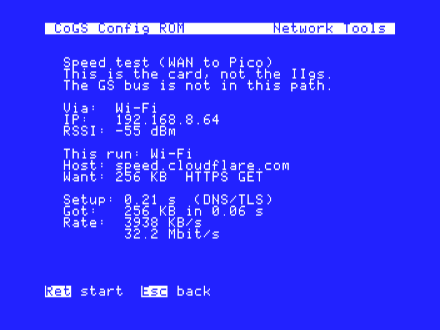 Speed test from the config ROM: a 256 KB HTTPS GET from speed.cloudflare.com, setup 0.21 s for DNS and TLS, then the rate in KB/s and Mbit/s. This is the card, not the IIgs; the GS bus is not in this path