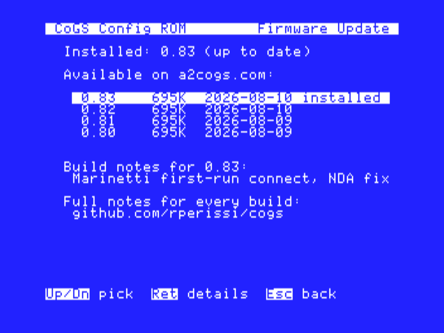 Firmware update list fetched from a2cogs.com: versions with dates and build notes, pick one to download and flash