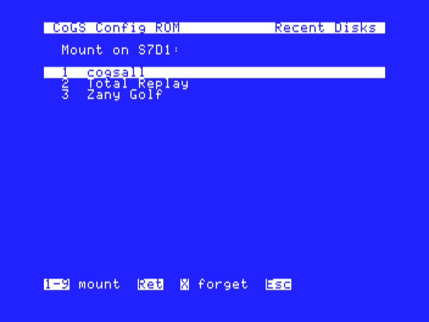 Recent Disks: the last twelve volumes mounted or booted, newest first, 1-9 or Return to mount on the selected drive