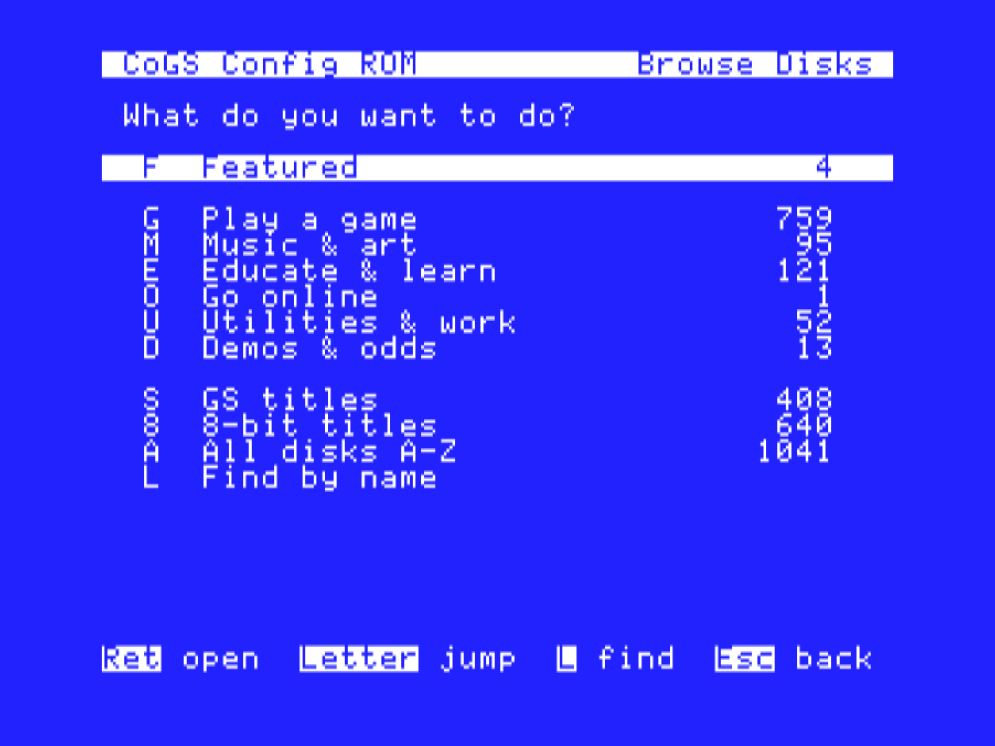 Browse Disks hub in the config ROM: Featured 3, Play a game 759, Music & art 95, Educate & learn 121, Go online 1, Utilities & work 51, Demos & odds 9, GS titles 403, 8-bit titles 640, All disks 1036, Find by name