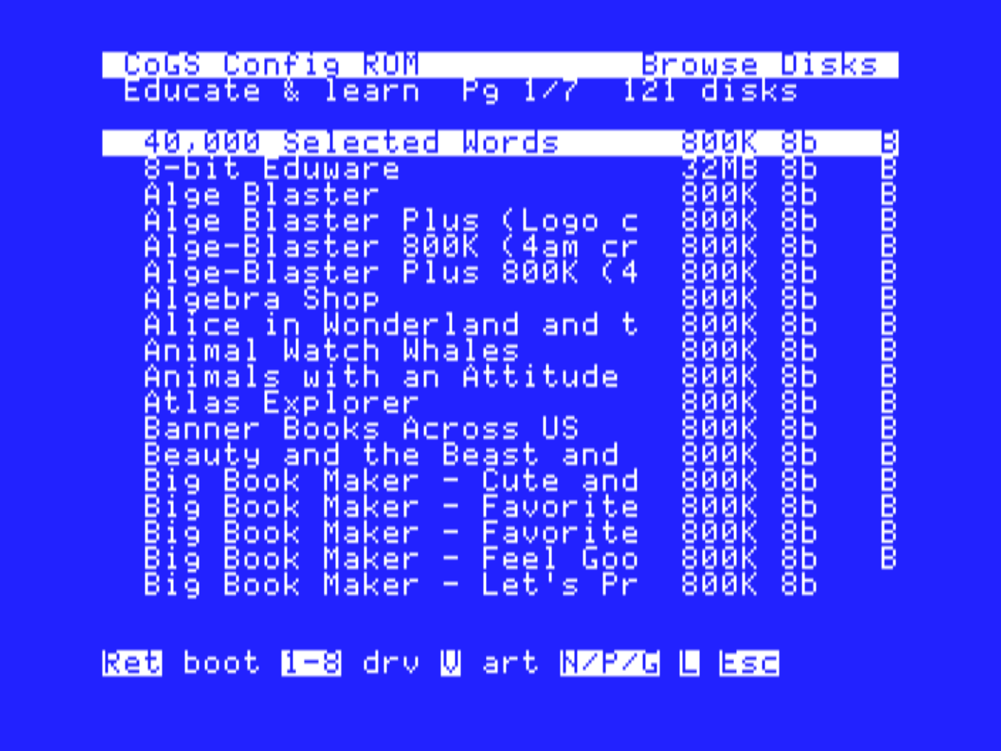 The Educate & learn shelf: 121 disks, 40,000 Selected Words, Alge-Blaster, Alice in Wonderland, Banner Books, Big Book Maker, size and 8b for 8-bit software, B for boots