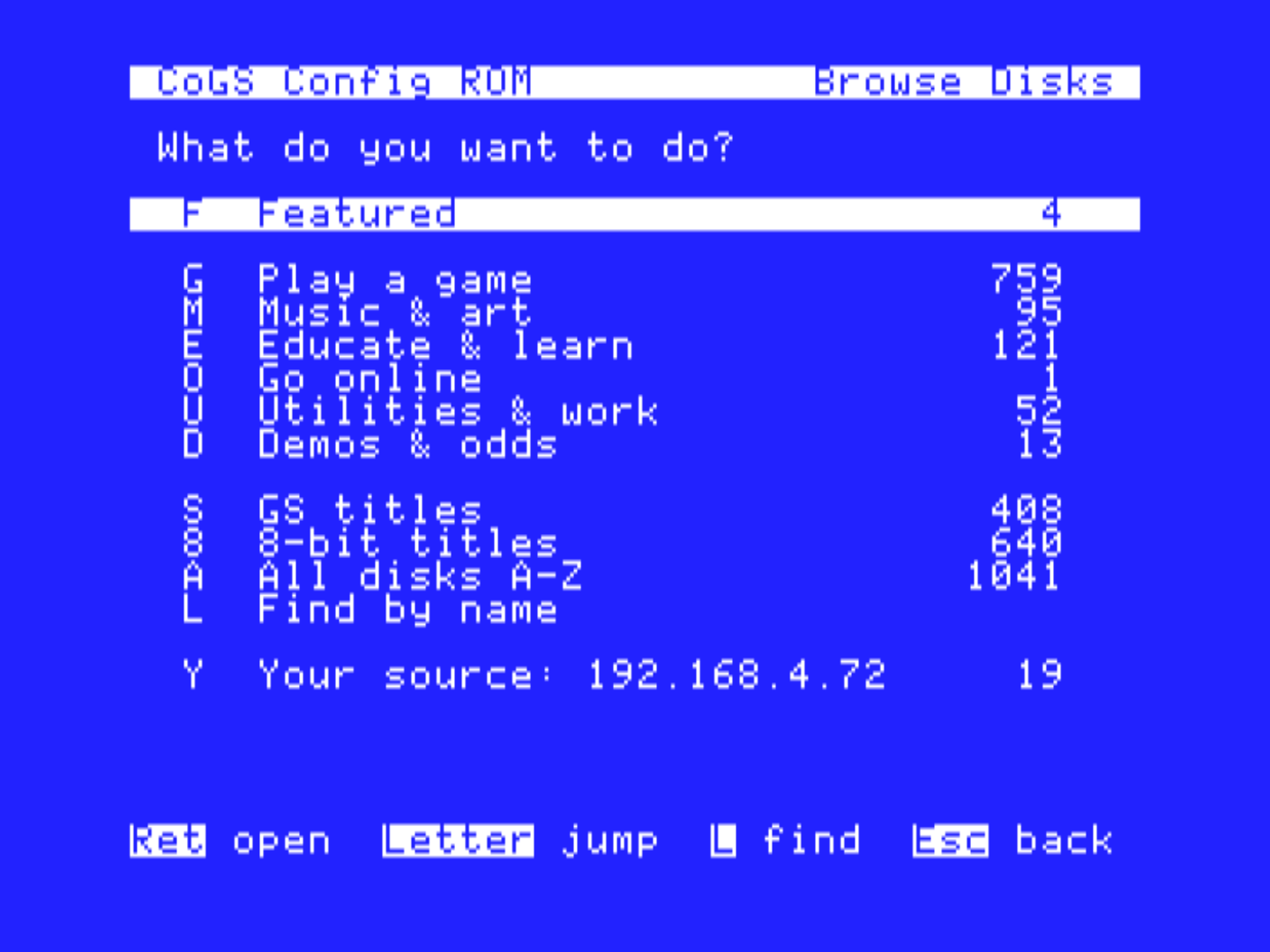 Browse Disks hub with an Image Manager share saved: the a2cogs shelves, All disks, Find by name, then Your source on its own row