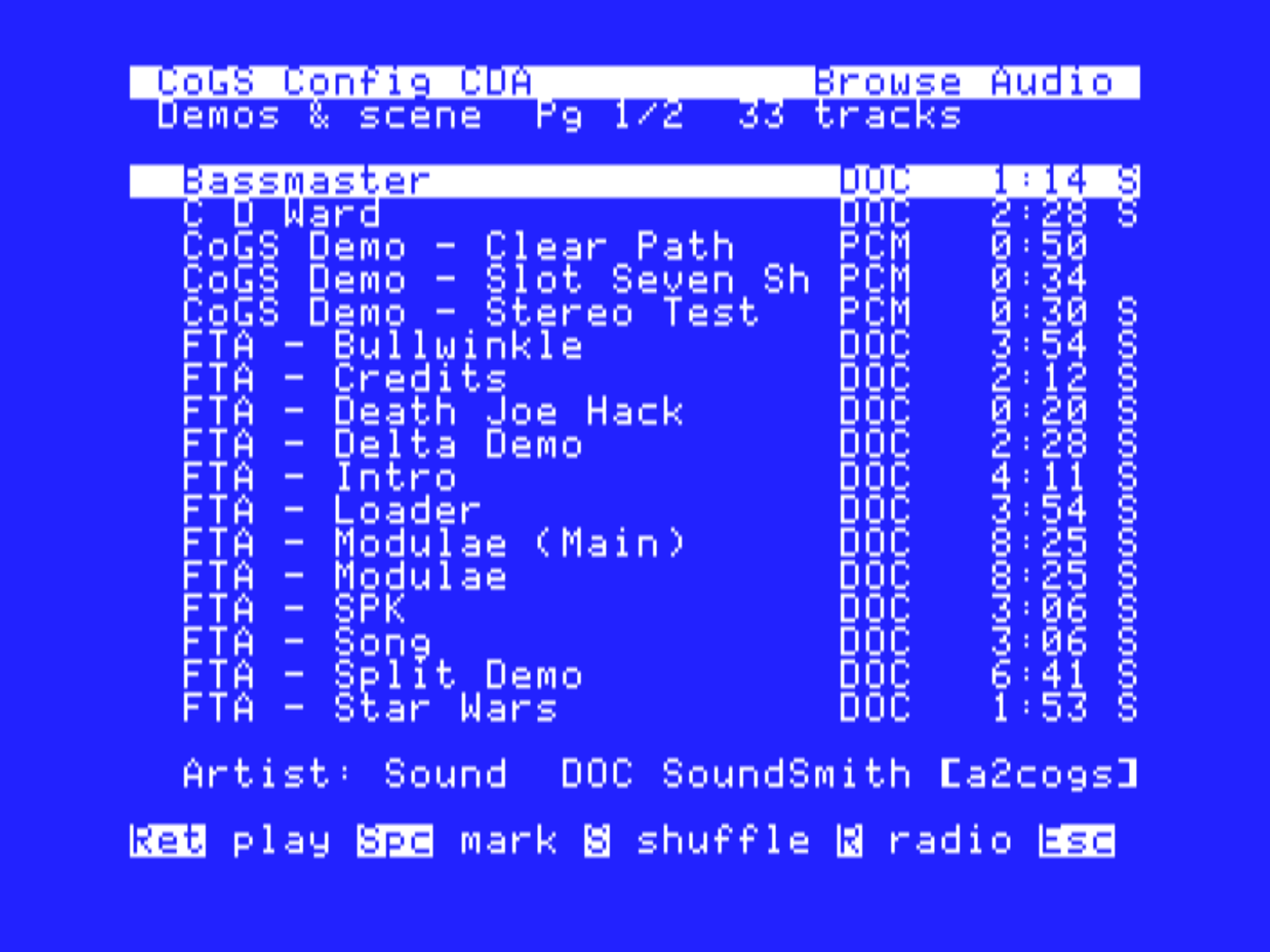 Demos & scene shelf: Bassmaster, the FTA tracks and CoGS demos, each with DOC or PCM, length, and S for stereo