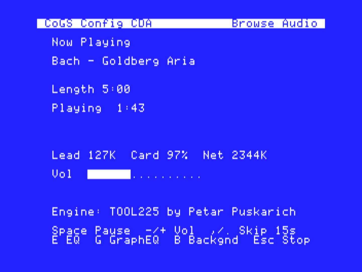 Now Playing: Bach Goldberg Aria, Lead/Card/Net, volume bar, Engine Tool226, based on Petar Puskarich's Tool225
