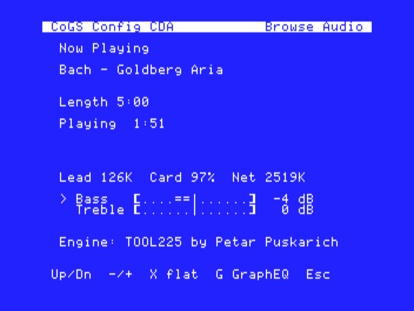 Player EQ: bass at -4 dB, treble flat
