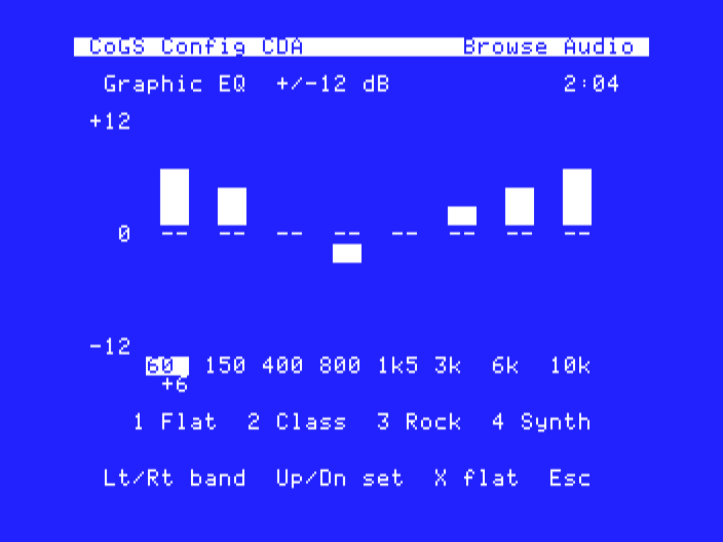 The player's eight-band graphic EQ on the IIGS with Flat, Class, Rock, and Synth presets