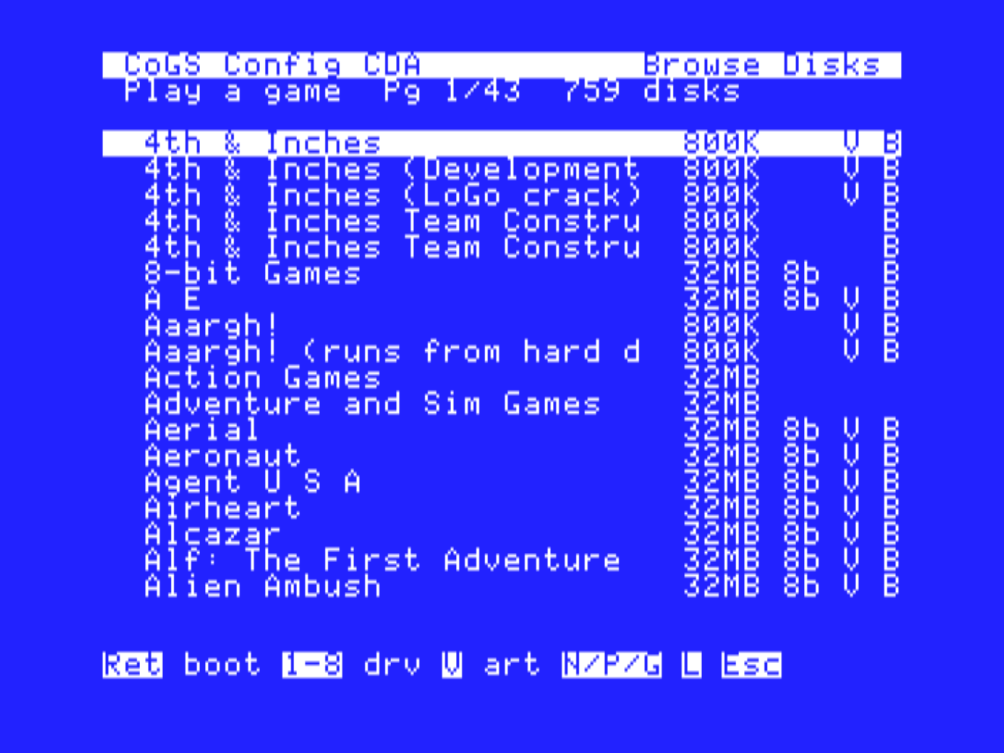 Browse Disks with the V column: every row with box art shows a V, press it to see the cover