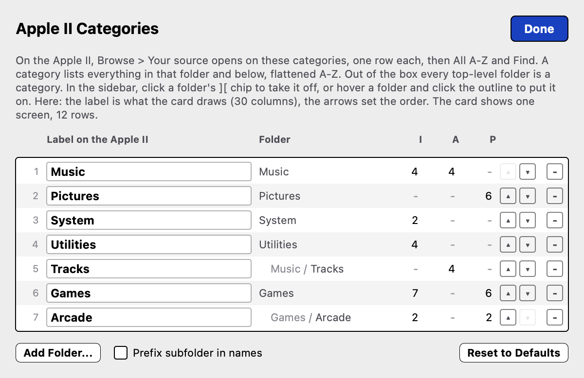 Apple II Categories sheet in the Image Manager: which folders the card lists, their labels and order, Add Folder for nested ones, Prefix subfolder in names, Reset to Defaults