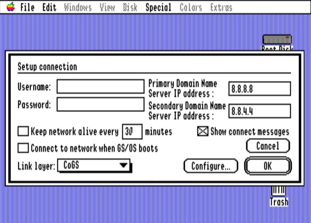 Marinetti TCP/IP Setup, with the Link layer set to CoGS