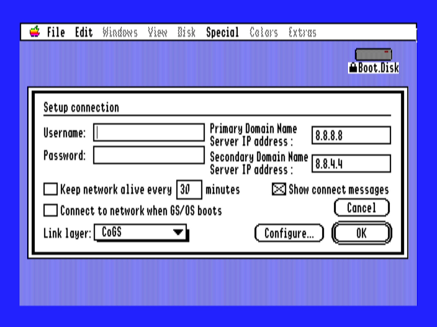 Marinetti TCP/IP Setup, with the Link layer set to CoGS