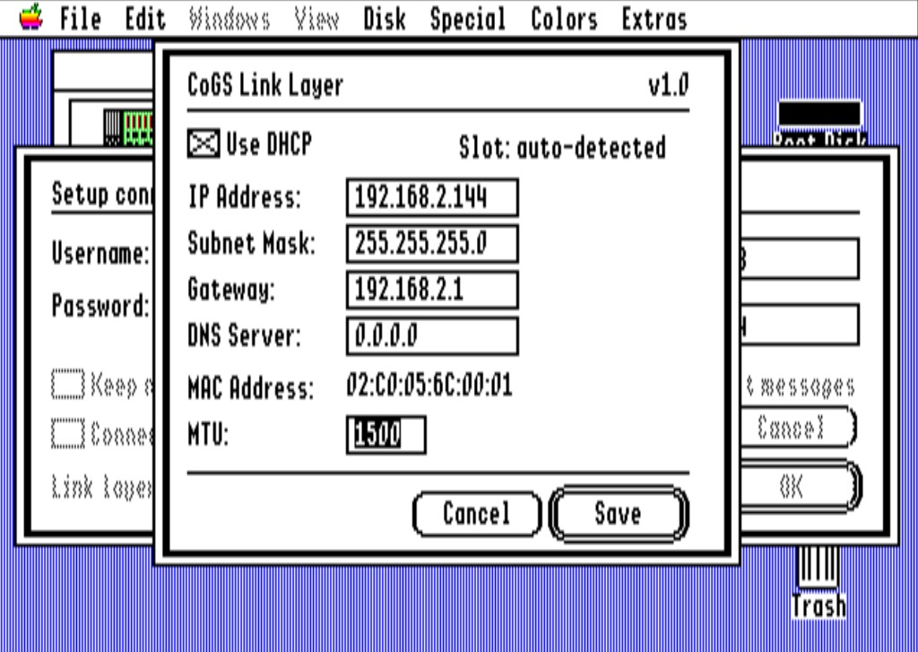 CoGS Link Layer config: DHCP, IP, subnet, gateway, DNS, MAC, and MTU