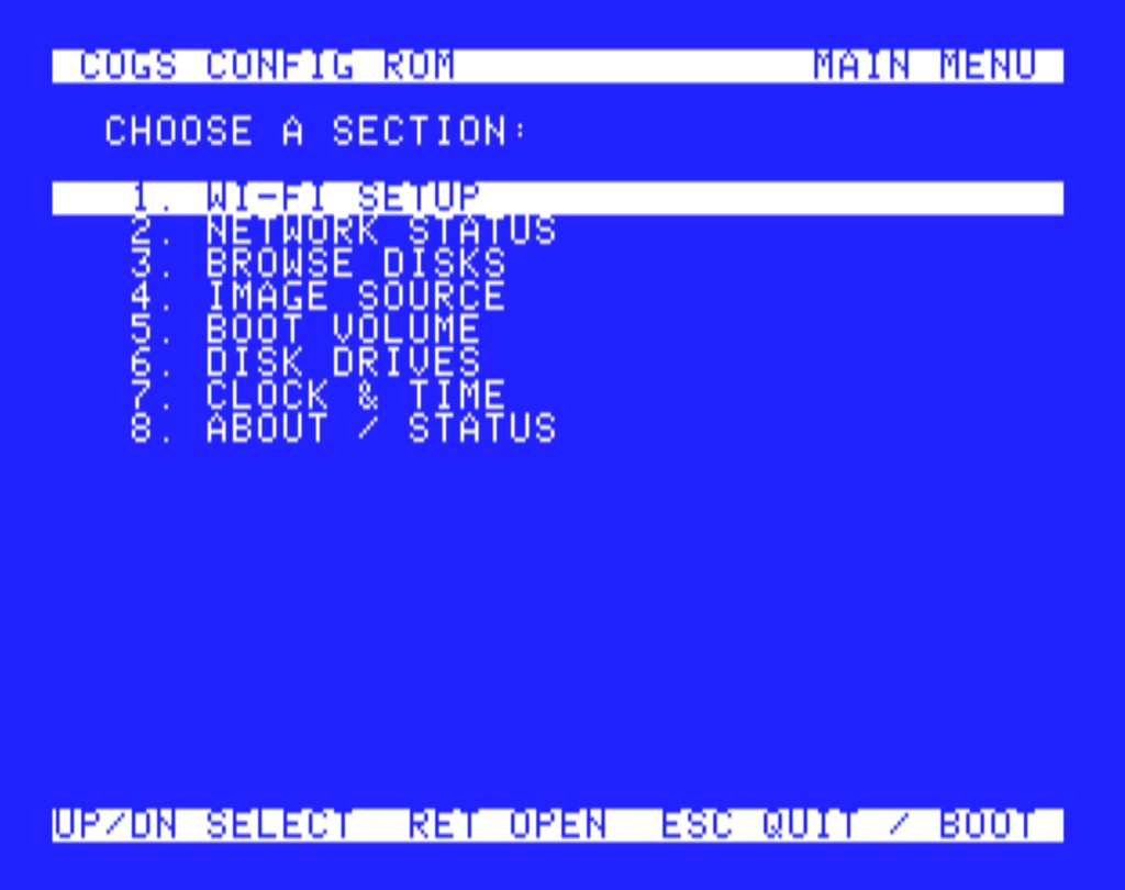 CoGS config ROM main menu on power-on: Wi-Fi setup, network status, browse disks, image source, boot volume, disk drives, clock, and about