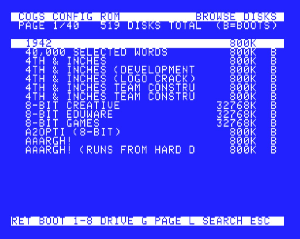 Browsing the disk index from the config ROM: 519 disks across 40 pages, with bootable images flagged