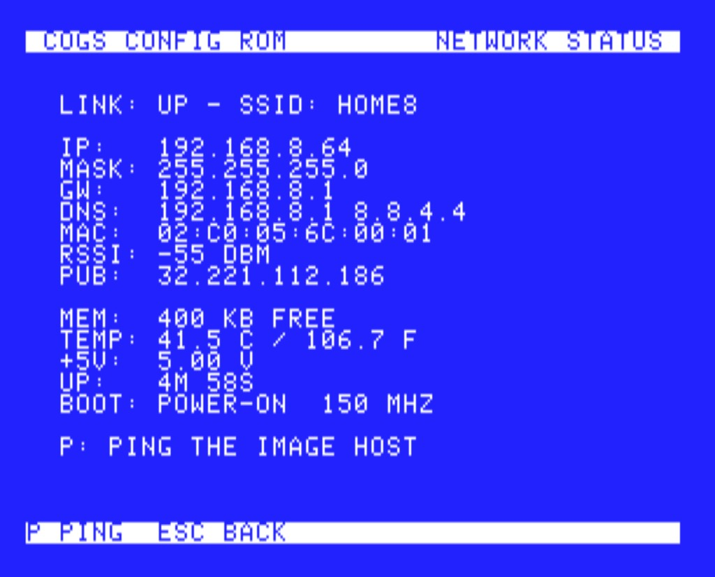 Network status from ROM: link, IP, signal, public IP, and card vitals, with a one-key ping of the image host