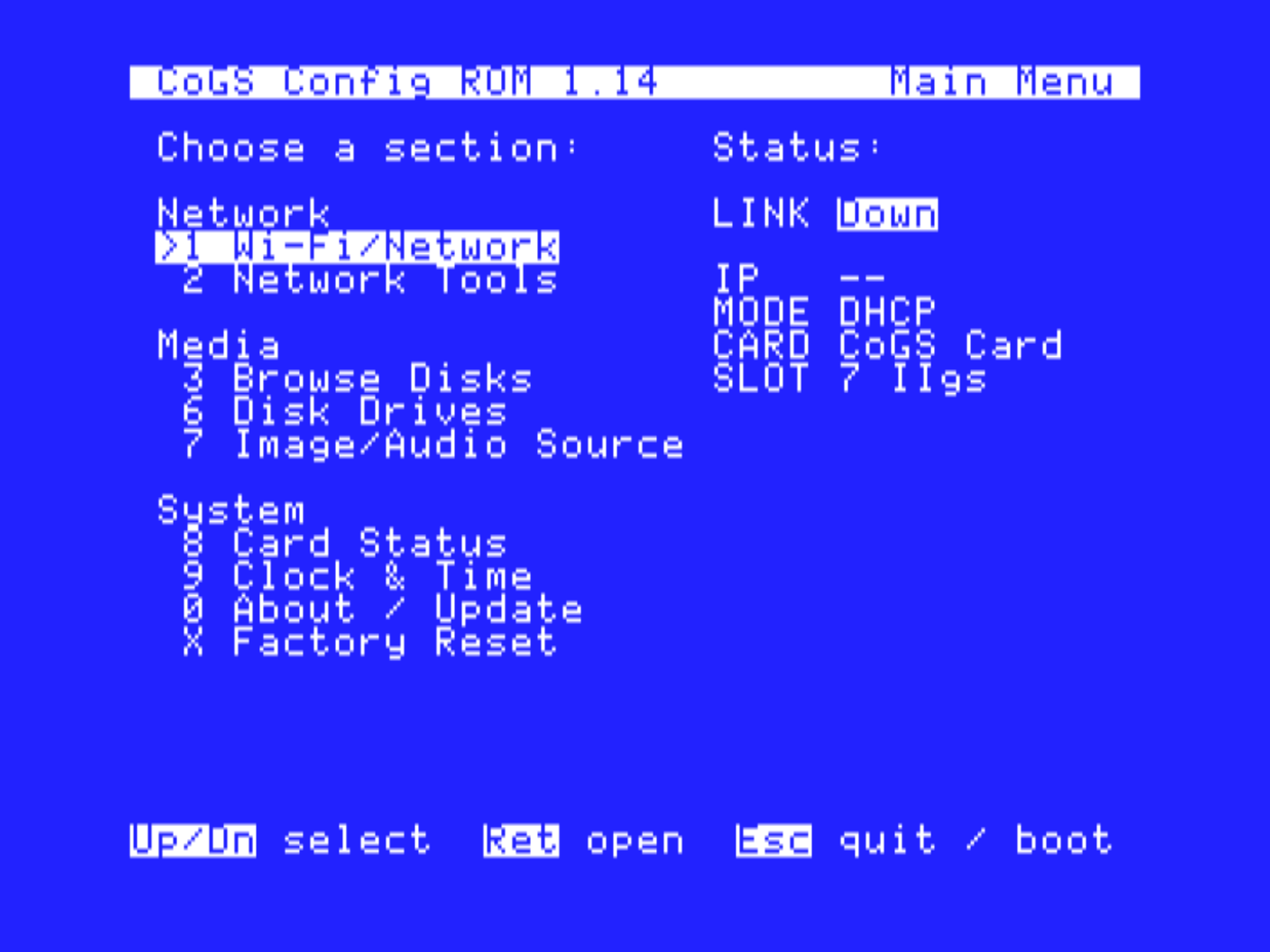 The main menu at startup, from the card’s ROM