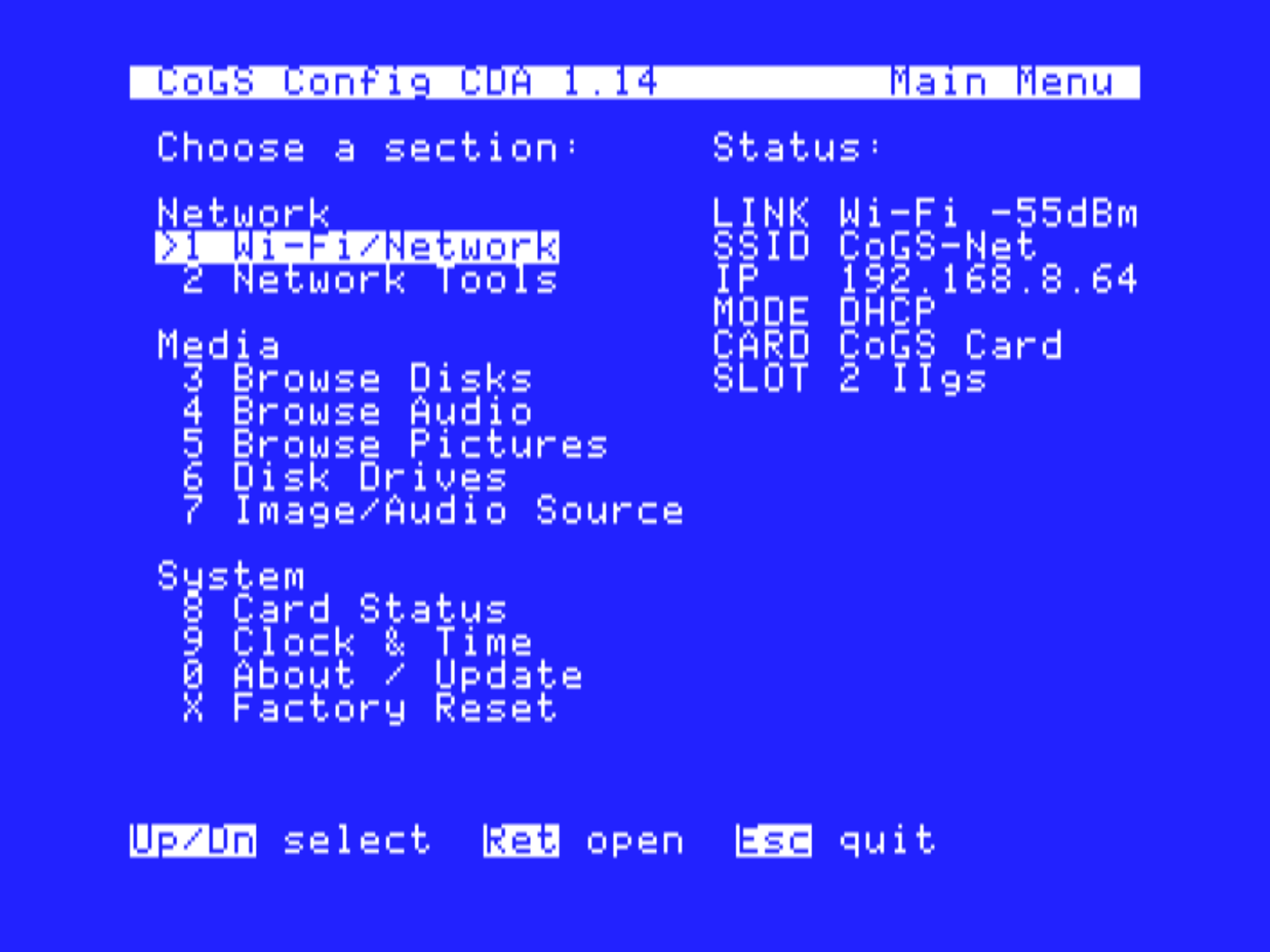 The same menu as the CoGS Config desk accessory under GS/OS, with the Audio and Pictures rows